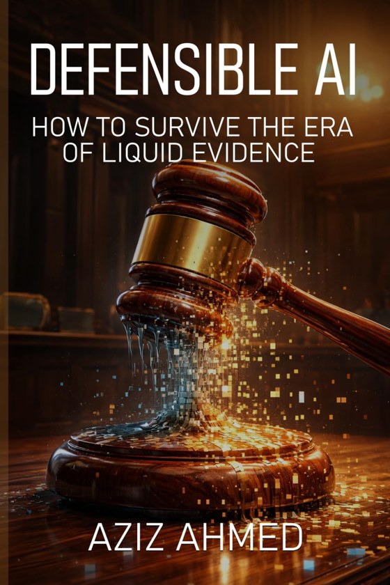 Defensible AI book cover: a courtroom gavel dissolving into golden pixels
